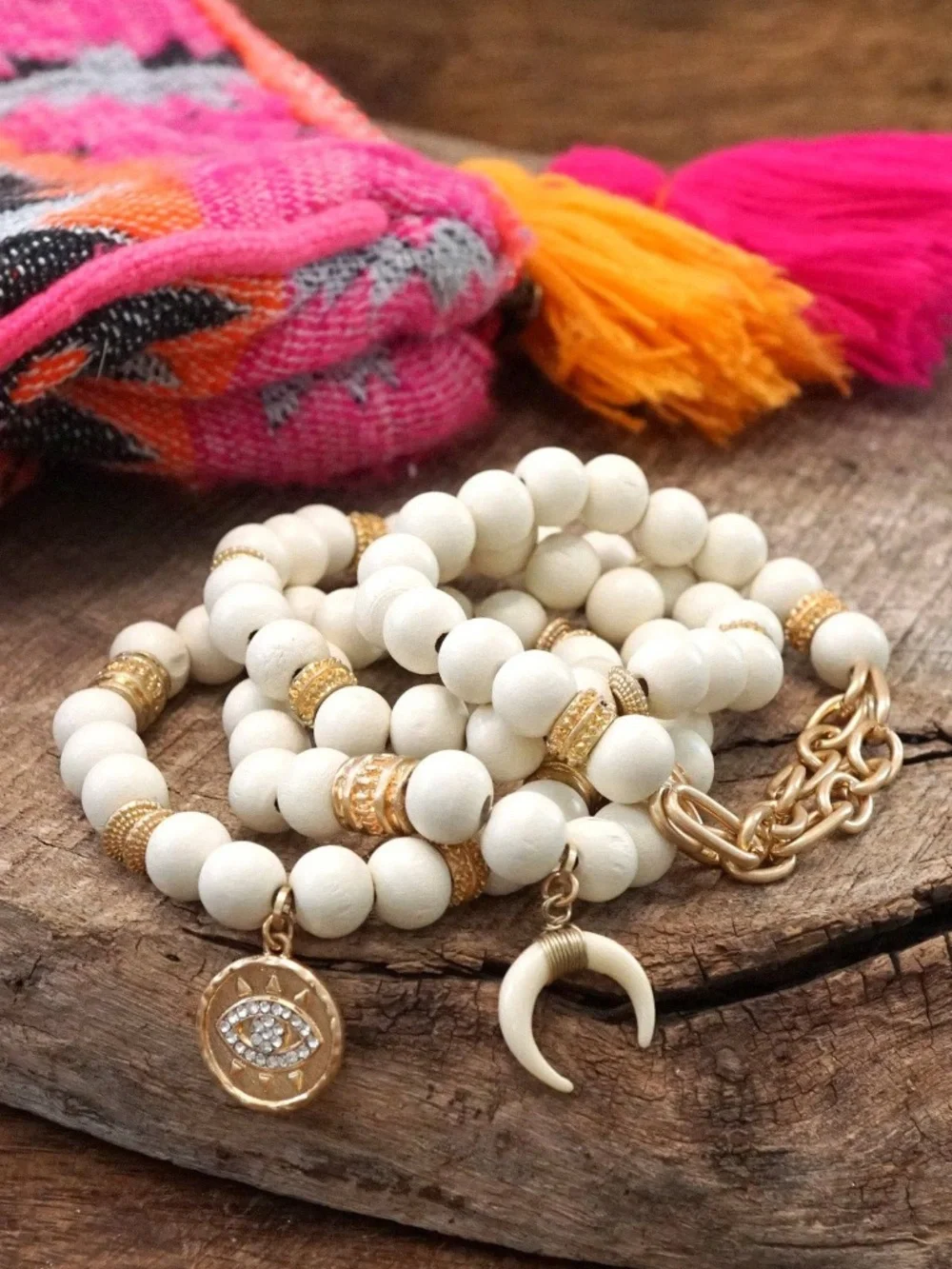 Beaded Boho Bracelets set of 4 Gold Coin Cream wood beads